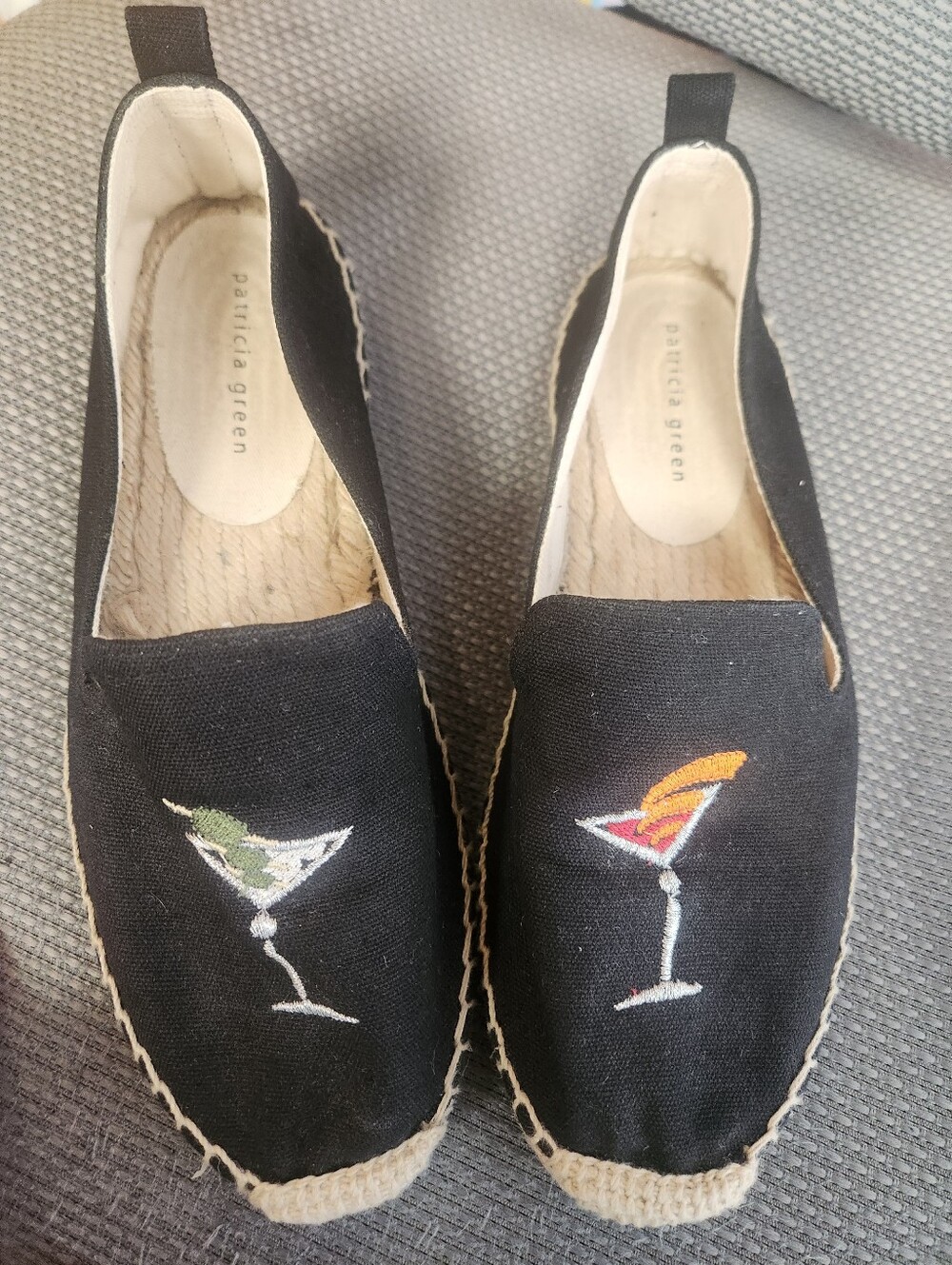 Patricia Green Black Canvas Espadrilles with Cocktail Embroidery